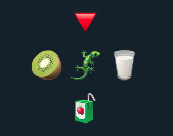 A display of five emojis on a dark background: kiwi 🥝, lizard 🦎, glass of milk 🥛, red triangle 🔺, and juice box 🧃—symbols co-opted online for coded hate.