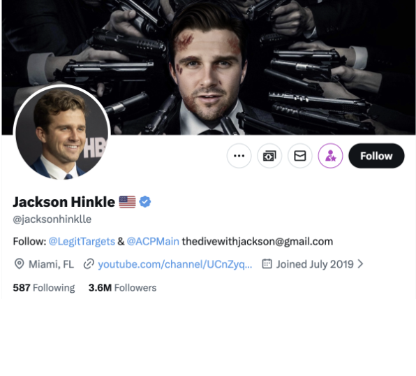 Twitter profile of Jackson Hinkle with gun-themed banner and 3.6M followers.