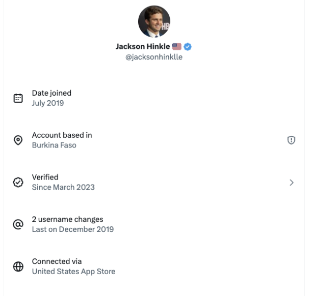 Jackson Hinkle account details showing base in Burkina Faso and verification.
