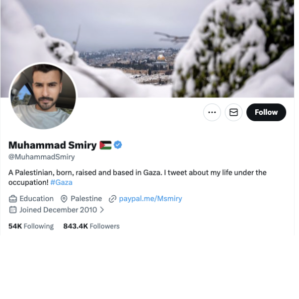 Twitter profile of Muhammad Smiry, Gaza-based journalist with 843K followers.