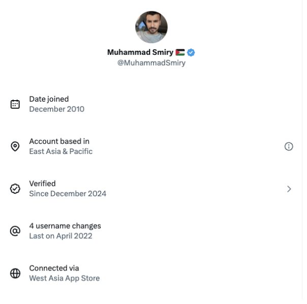 Muhammad Smiry account info listing East Asia & Pacific as location.