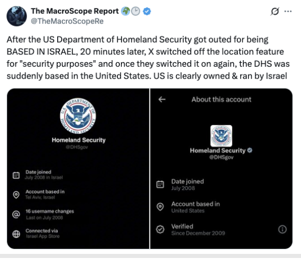 Tweet claiming DHS Twitter account location changed from Israel to U.S.