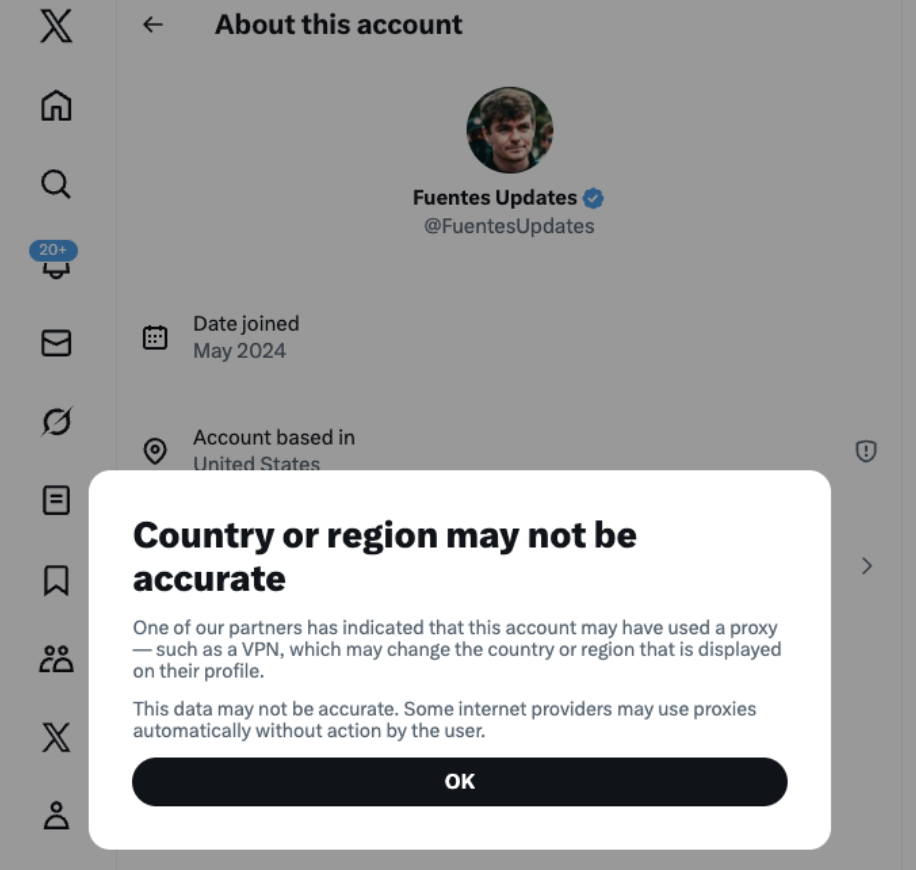 Fuentes Updates account info with popup about inaccurate region via VPN.
