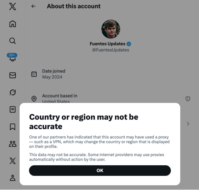 Fuentes Updates account info with popup about inaccurate region via VPN.
