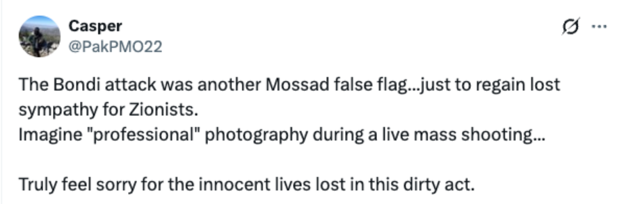 An X post by user Casper, calling the Bondi attack a "false flag operation to regain sympathy for zionists"