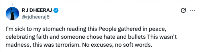 X user R J Dheeraj writes how he is sick to his stomach looking at how people gathered in peace were attacked. 