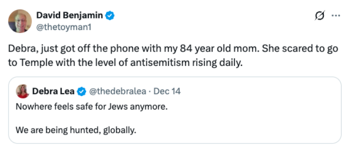 X user David Benjamin, reacting to an X post by User Debra Lea, where they discuss how unsafe they feel as Jews. 