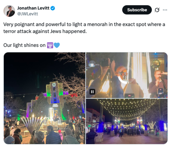 X user Jonathan Levitt shares how community came together to light a menorah in the exact same place the attack happened. 