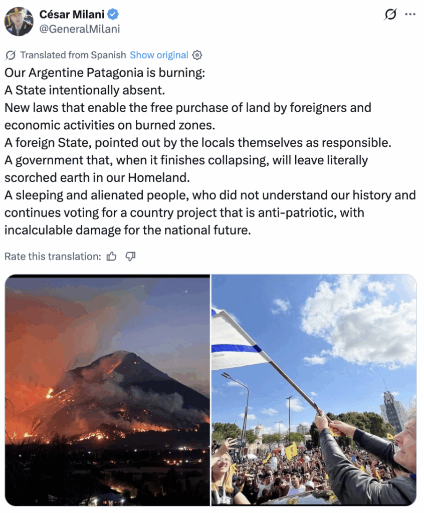 Photograph of a protest in Argentina showing a person holding an Israeli flag amid a crowd, alongside a translated post accusing Israel of responsibility for Patagonia wildfires.