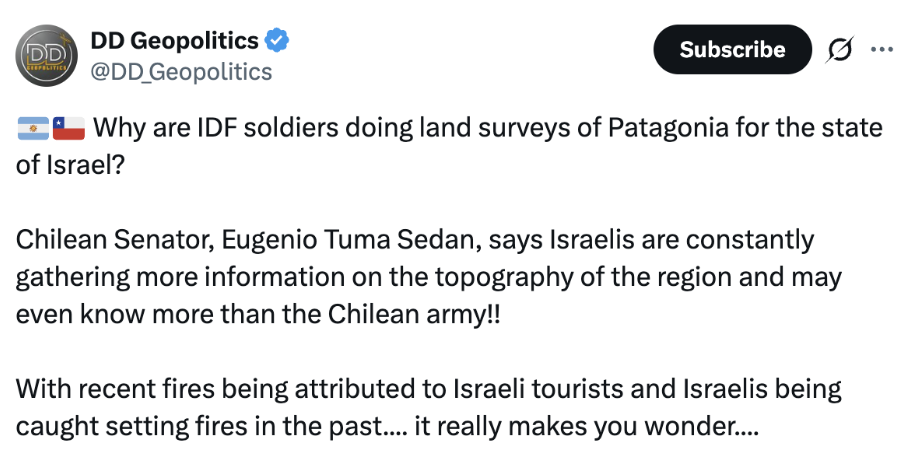 Screenshot of a social media post alleging Israeli involvement in Patagonia wildfires, referencing land surveys and repeating antisemitic conspiracy claims.