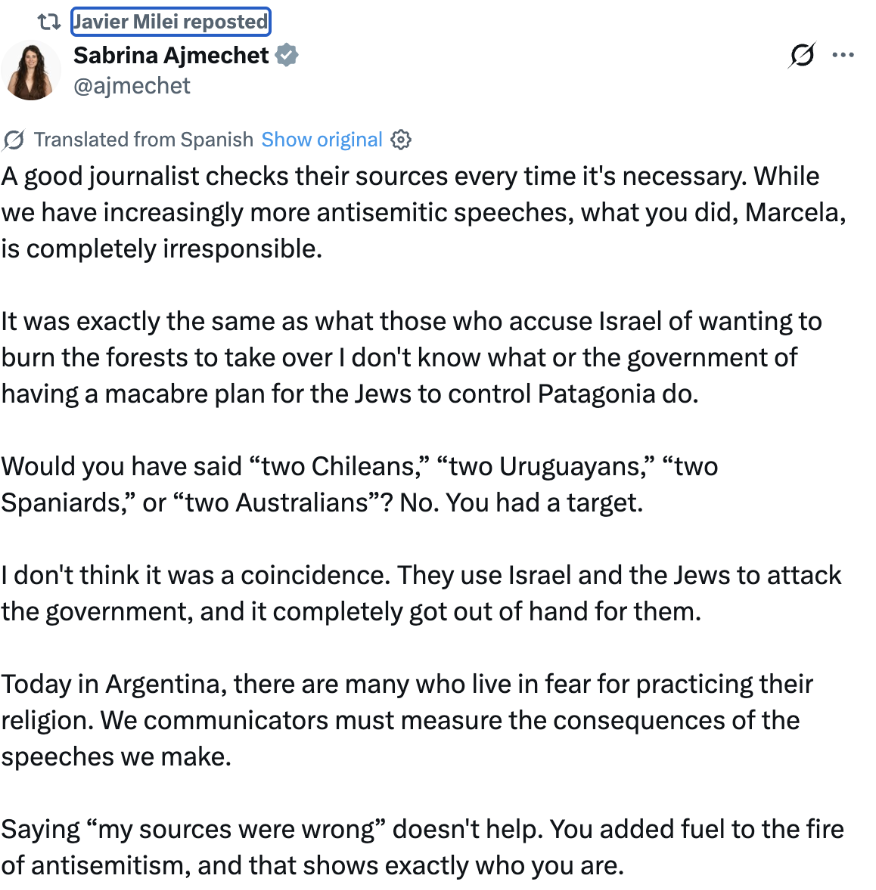 Screenshot of a social media post condemning antisemitic rhetoric and criticizing unfounded claims linking Jews and Israel to the Patagonia wildfires.