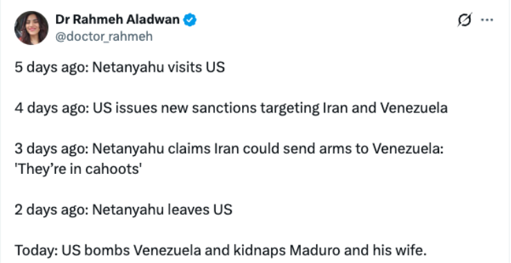 X post by user @docto_rahmeh, where they are conspiring Israel's connection to US' attack on Venezuela, adding on to the antisemitic discourse online. 