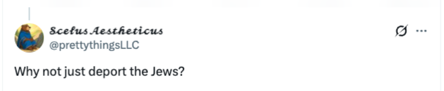 Screenshot of X post stating, "Why not just deport the Jews?"
