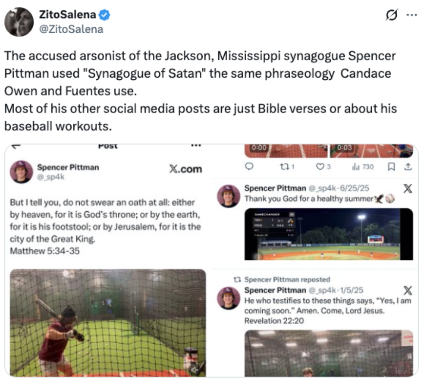 Screenshot of a verified social media post discussing the Jackson, Mississippi synagogue arson, alongside images of the suspect’s public posts showing Bible verses and baseball training content.