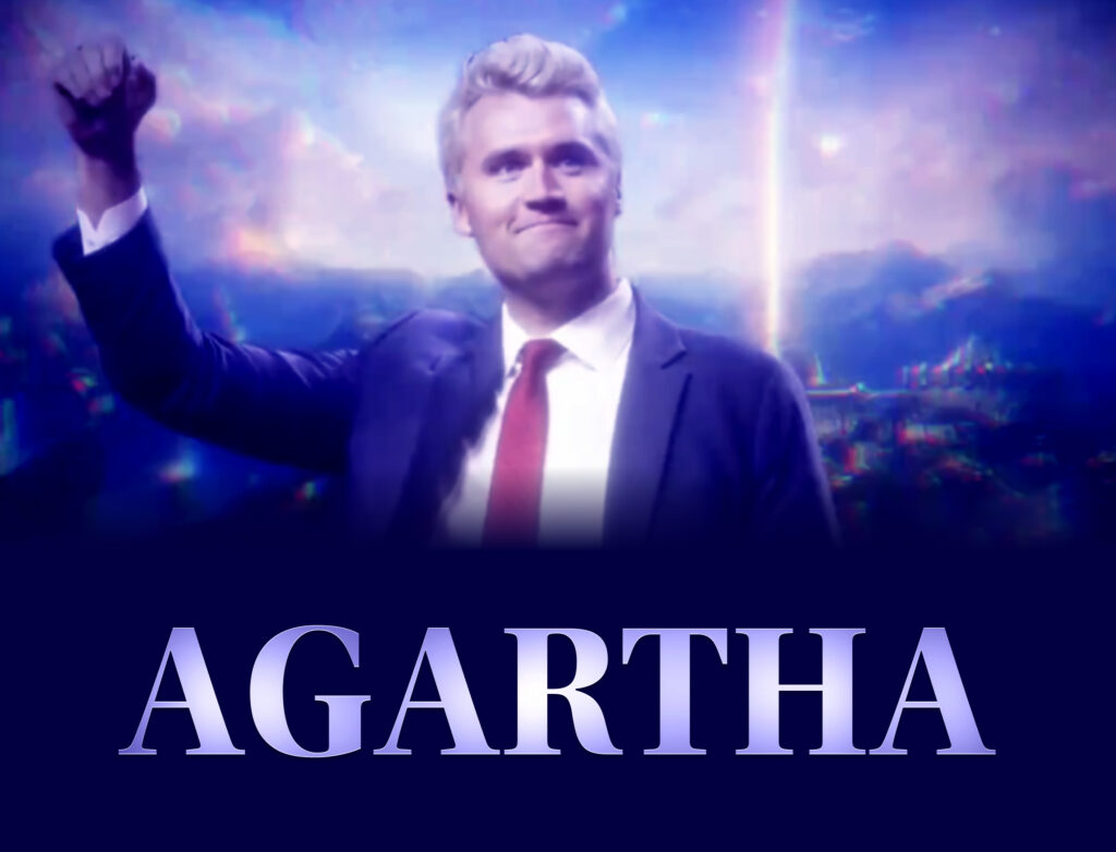 A stylized, glowing image of a blond man in a suit and red tie raising his fist confidently against a surreal, cosmic sky backdrop, with the large word “AGARTHA” displayed below in bold, luminous letters.