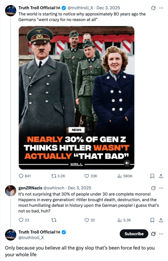 Screenshot of a social media exchange using the phrase “goy slop,” an online slang term tied to antisemitic conspiracy narratives.
