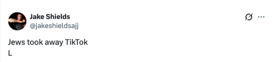 Screenshot of a verified user post asserting Jews “took away TikTok,” presented as an antisemitic blame claim.