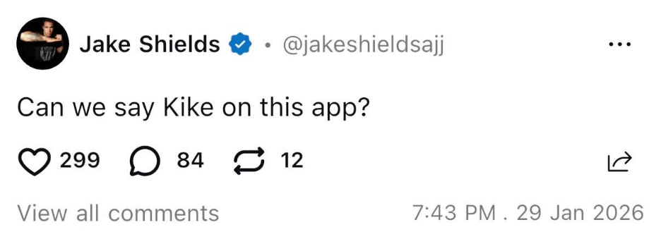Screenshot of a verified user post asking whether an antisemitic slur can be said on the app, implying lax moderation.