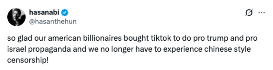 Screenshot of a verified user post claiming American billionaires bought TikTok to push pro-Trump and pro-Israel propaganda and end “Chinese-style censorship.”
