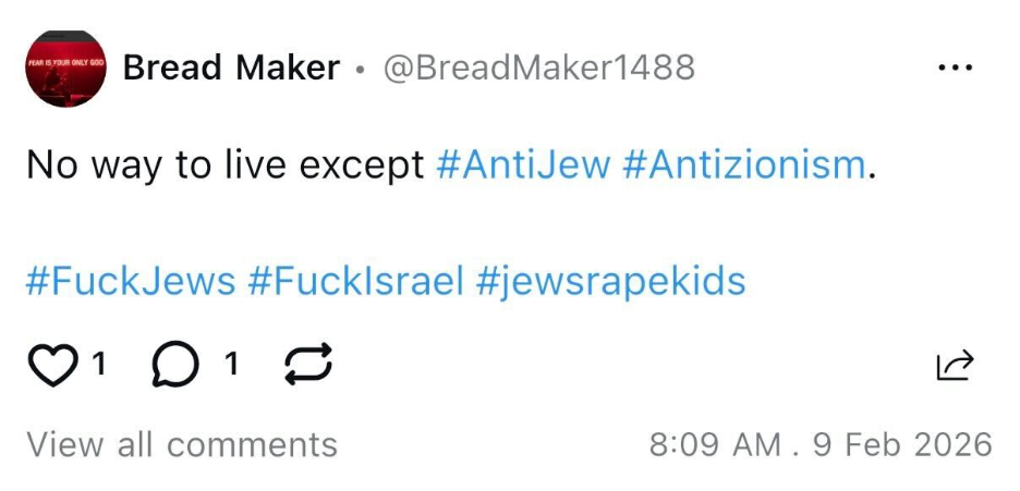 Screenshot of an UpScrolled post by an account with “1488” in the handle sharing anti-Jew and anti-Israel hashtags, including explicit hate speech.
