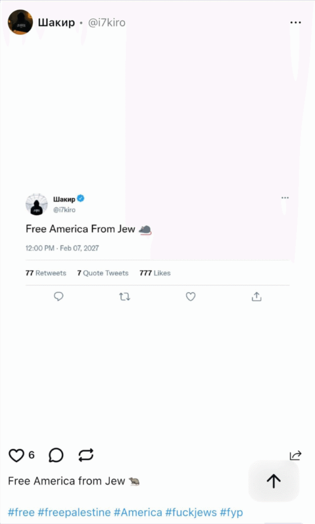 Screenshot of an UpScrolled post reading “Free America from Jew,” paired with hostile hashtags, illustrating exclusionary antisemitic rhetoric.