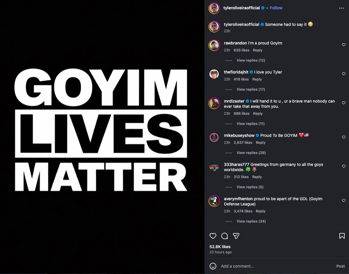 Screenshot of Instagram comments responding to Tyler Oliveira’s video, including posts referencing “goyim” and antisemitic narratives.