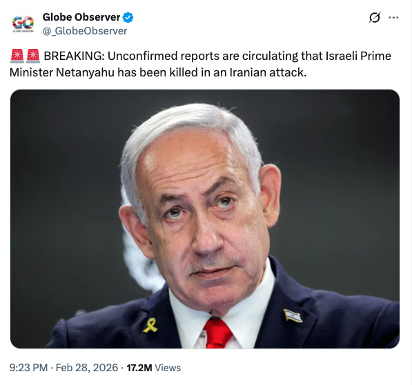 Screenshot of a social media post from another account amplifying the false claim about Benjamin Netanyahu’s death and gaining millions of views. 