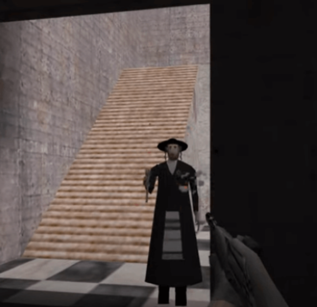 Gameplay screenshot from the 2002 extremist video game “Ethnic Cleansing,” depicting a first-person shooter scene featuring antisemitic imagery.
