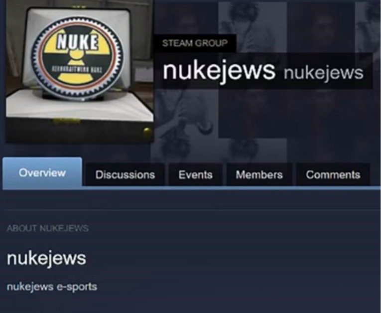 Screenshot from the Steam gaming platform showing a user profile containing antisemitic language and extremist imagery. 
