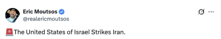 Screenshot of a social media post claiming “The United States of Israel Strikes Iran,” echoing conspiracy theories about Jewish control of U.S. policy.