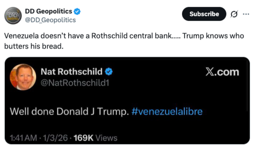 Screenshot of social media posts linking Venezuela and U.S. politics to claims about Rothschild-controlled central banks, illustrating recurring conspiracy narratives.