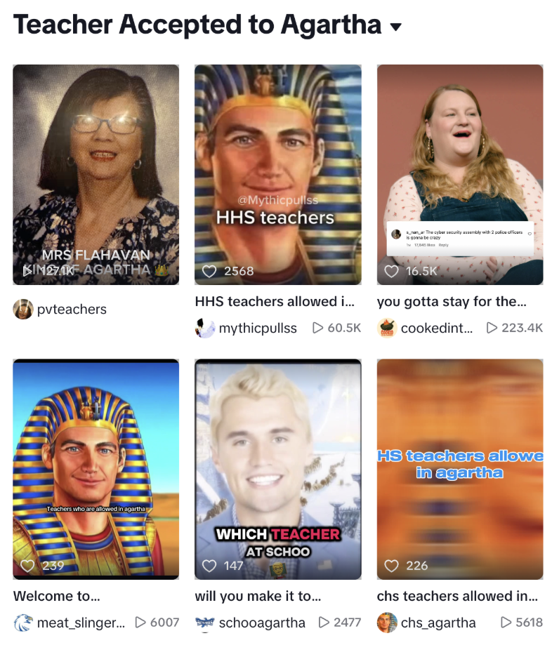 A collection of TikTok videos showing the viral “Teacher Accepted to Agartha” meme trend, featuring edited portraits and humorous captions tied to the fictional underground kingdom.