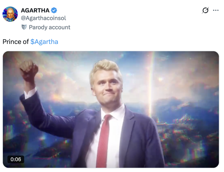 Screenshot of a parody social media account promoting “Agartha,” featuring a blonde Charlie Kirk in a suit raising his fist in a surreal, digitally altered fantasy landscape.
