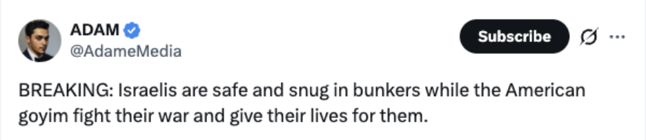 Screenshot of a post claiming Americans are fighting wars on behalf of Israel, using the term “goyim” in a derogatory context.