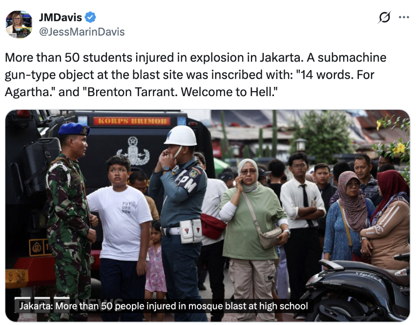 Police and civilians gather at the scene of a Jakarta school explosion, referenced in a social media post mentioning extremist slogans linked to Agartha and white supremacist ideology.