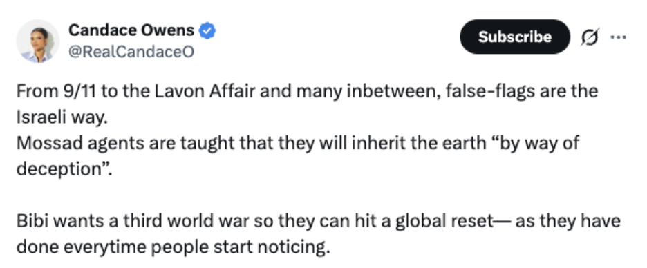 Screenshot of a social media post reviving 9/11 conspiracy theories referencing “dancing Israelis.”