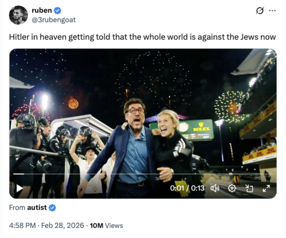 Screenshot of a viral post referencing “Hitler in heaven” alongside a picture, illustrating how Nazi-related rhetoric spread widely during the conflict.
