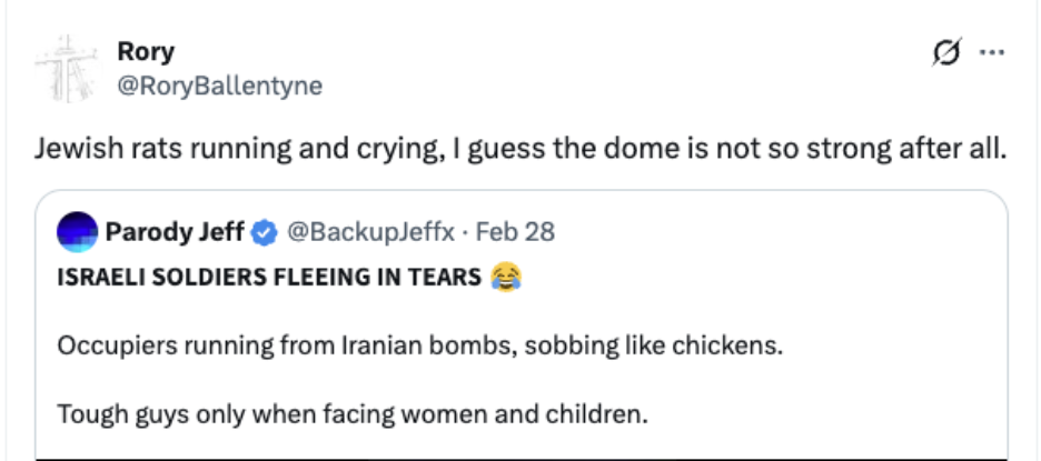 Screenshot of a social media exchange containing antisemitic rhetoric and animal comparisons targeting Israelis.