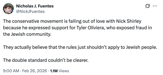 Screenshot of a social media post by Nick Fuentes claiming critics believe rules should not apply to Jewish communities, reflecting rhetoric surrounding the controversy.