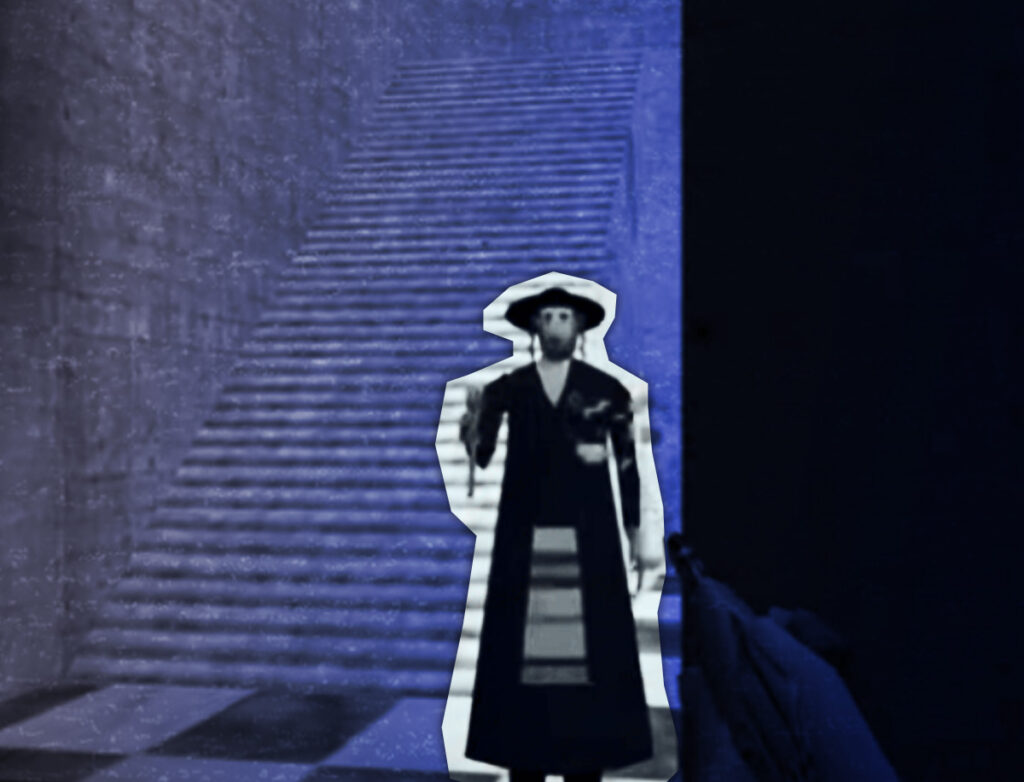 A dark, blue-toned scene resembling a video game environment with a staircase in the background and a stylized, cutout figure of a man in traditional religious attire (long coat and wide-brim hat) holding a weapon in the foreground.