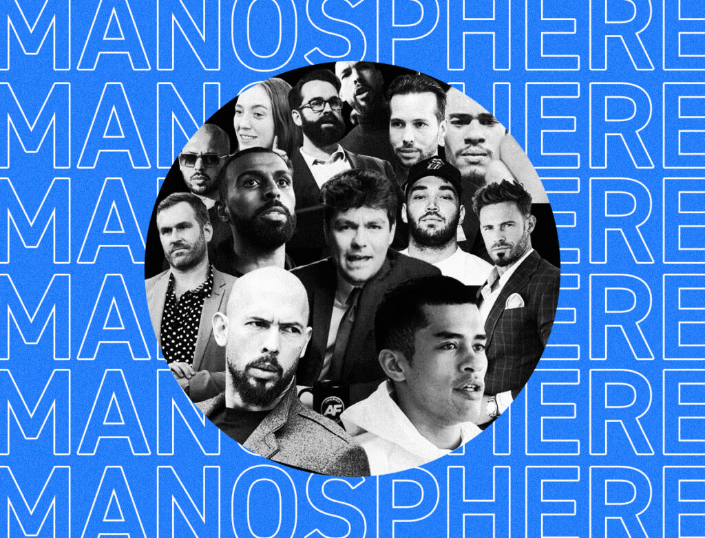 A blue graphic background with the word “MANOSPHERE” repeated in large outlined text, overlaid with a circular collage of various men’s faces in black and white, including podcasters, influencers, and commentators, arranged closely together.