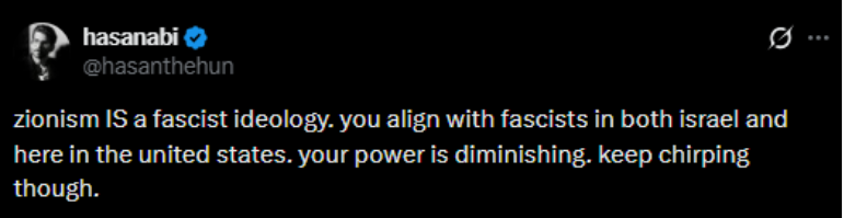 Screenshot of controversial social media post demonstrating antisemitic rhetoric and weak
enforcement on streaming platforms