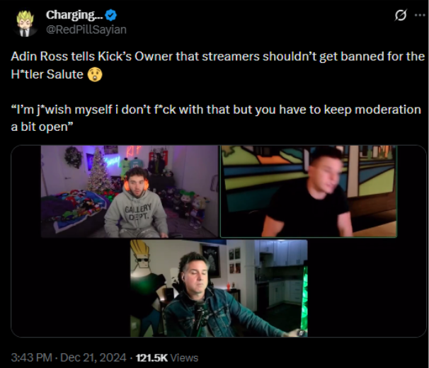 Live-stream discussion about how doing a Hitler salute shouldn’t violate moderation policies on Kick platform illustrating lack of enforcement