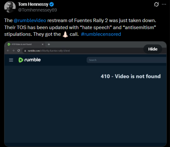 Rumble platform screenshot showing removed content and ongoing concerns about antisemitism and inconsistent moderation