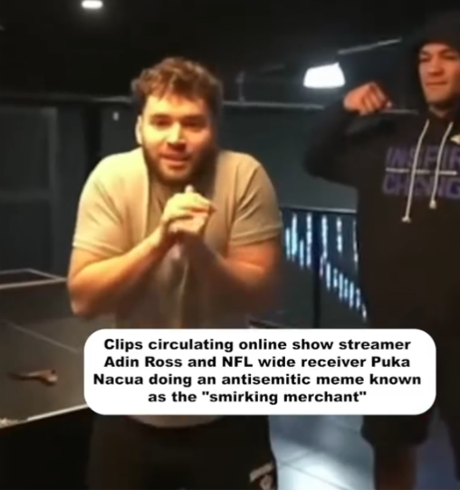 Streamer clip showing antisemitic meme incident involving Adin Ross and Puka Nacua, highlighting moderation failures on Twitch live-streaming platform.