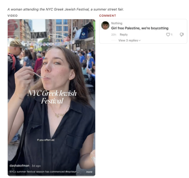 Graphic displaying screenshot of TikTok video NYC Greek Jewish Food Festival with 1 comment referencing Israel/Palestine.