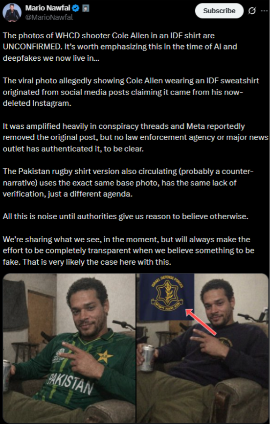Screenshot of social media posts falsely linking the Correspondents' Dinner shooting suspect to the Israeli Defense Force, with some posts exceeding one million views