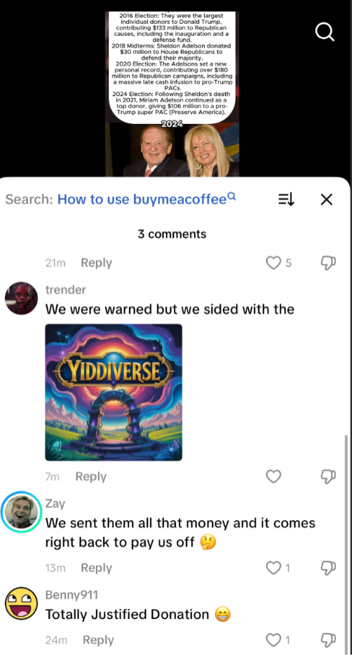 Screenshot of a social media comment section beneath a post discussing political donations by Jewish billionaires Sheldon and Miriam Adelson. The comments include conspiratorial and antisemitic rhetoric about Jewish influence and money, alongside a fantasy-style image labeled “Yiddiverse” and sarcastic reactions from users.