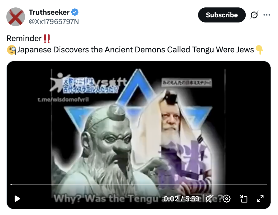 Screenshot of a social media post from an account named “Truthseeker” claiming that Japanese tengu demons were Jews, accompanied by a manipulated video thumbnail showing a tengu statue, a Star of David, and an Orthodox Jewish man. The post contains antisemitic conspiracy imagery and rhetoric.