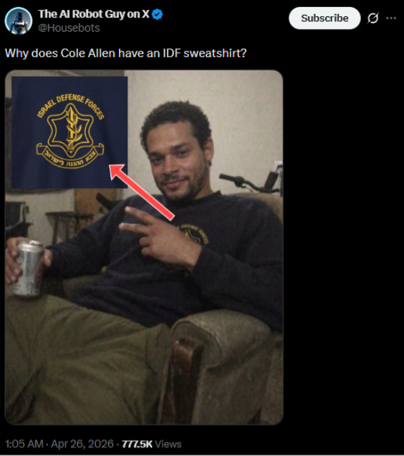 Screenshot of social media posts falsely linking the Correspondents' Dinner shooting suspect to the Israeli Defense Force, with some posts exceeding one million views